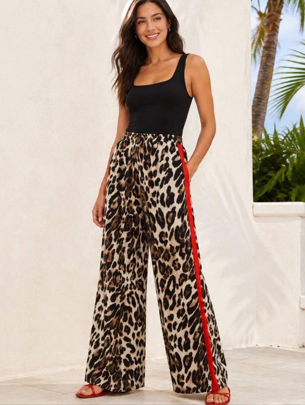 Leopard Print Wide-Leg Pants with Red Side Stripes